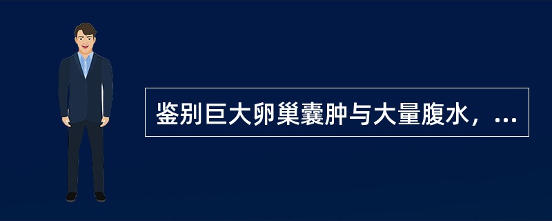 鉴别巨大卵巢囊肿与大量腹水，以下有帮助的体征是（）。