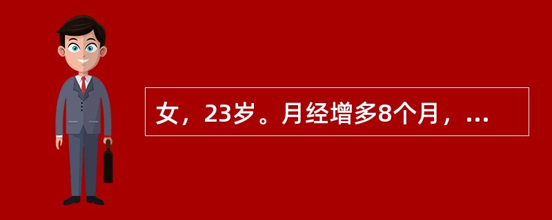 女，23岁。月经增多8个月，2周来牙龈出血，下肢皮肤散在出血点及瘀斑，血红蛋白7