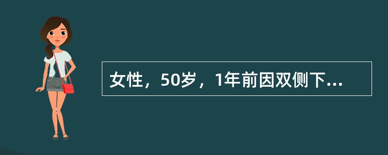 女性，50岁，1年前因双侧下睑皮肤松弛行双侧下睑袋整形术。术后1周即发现双侧下睑