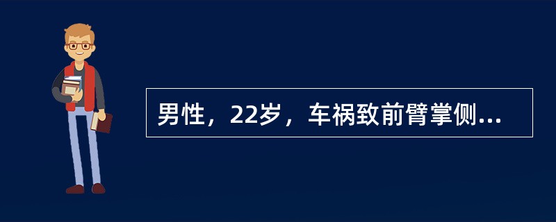 男性，22岁，车祸致前臂掌侧近段皮肤缺损3小时，肌肉外露，创面约8cm×6cm，