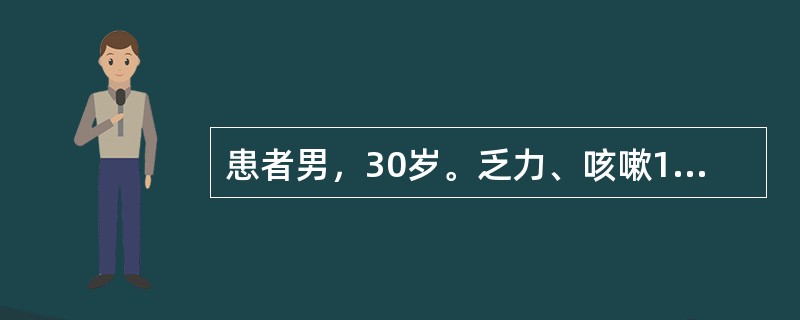 患者男，30岁。乏力、咳嗽1月余，伴低热、盗汗，痰中带血1周。胸片示：右肺上叶尖