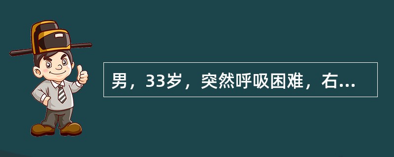 男，33岁，突然呼吸困难，右侧胸痛。查体：口唇发绀，大汗。既往有肺结核史，该患者