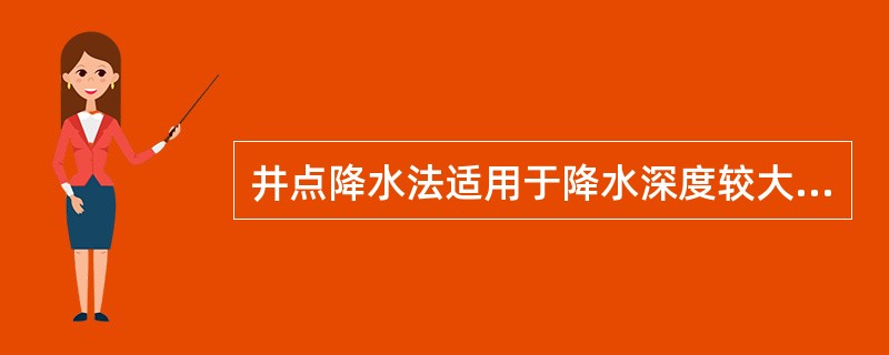 井点降水法适用于降水深度较大，或土层为细砂或粉砂，或是在软土地区。