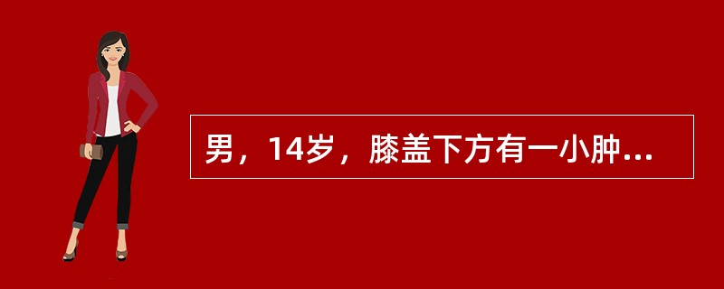 男，14岁，膝盖下方有一小肿块，较硬，无明显不适，X线检查见位于胫骨上端有外生性