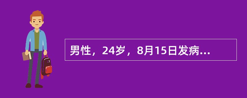 男性，24岁，8月15日发病。发热1周，热型初不规则。前日发作后，自服退热药，但