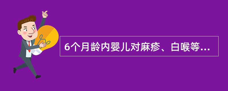 6个月龄内婴儿对麻疹、白喉等疾病的免疫力源自于（）。