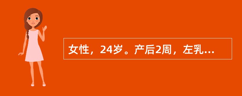 女性，24岁。产后2周，左乳房胀痛伴高热39℃。体格检查：左乳房外上象限明显红肿