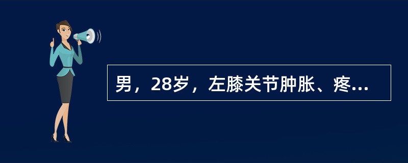 男，28岁，左膝关节肿胀、疼痛，伴低热，盗汗，纳差3个月，查体：消瘦、贫血面容，