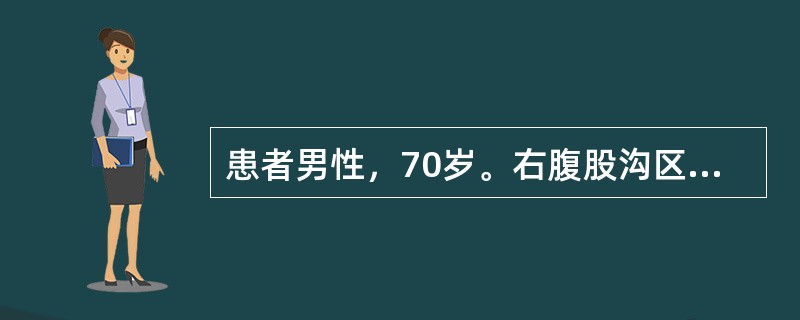 患者男性，70岁。右腹股沟区可复性包块5年。查体：患者直立时，在腹股沟内侧端、耻