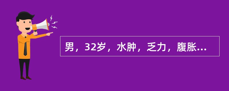 男，32岁，水肿，乏力，腹胀2个月，既往有血吸虫接触史。查体：全身水肿，腹壁静脉