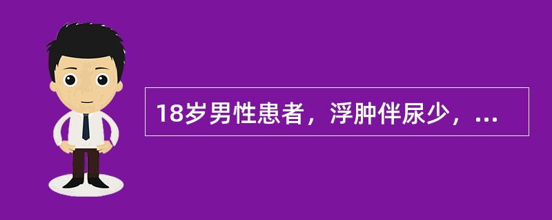 18岁男性患者，浮肿伴尿少，血压165/100mmHg，尿蛋白++++，红细胞+