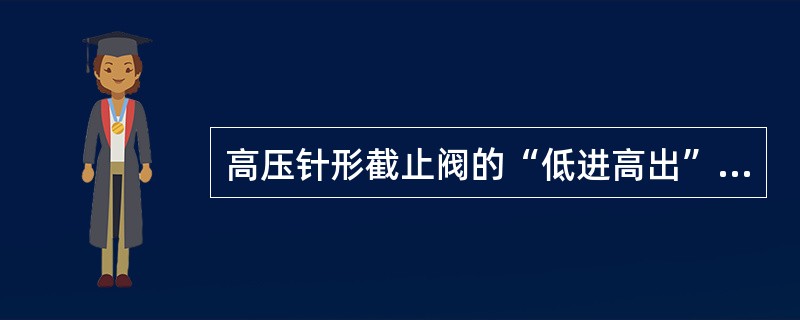 高压针形截止阀的“低进高出”是指当阀体手轮向上时，侧向孔位置相对低的一侧为阀门的