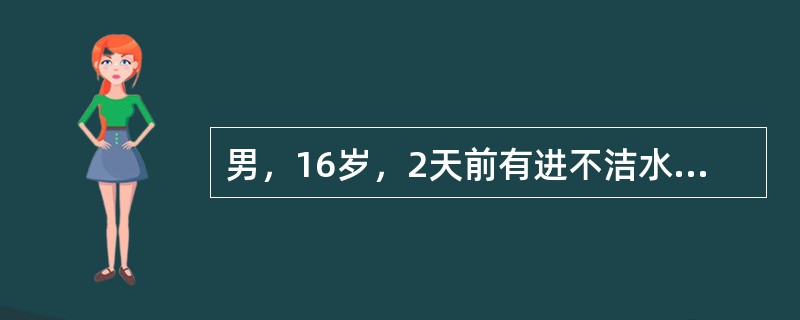 男，16岁，2天前有进不洁水果史，现出现发热，T：38.5℃，腹痛、腹泻伴里急后