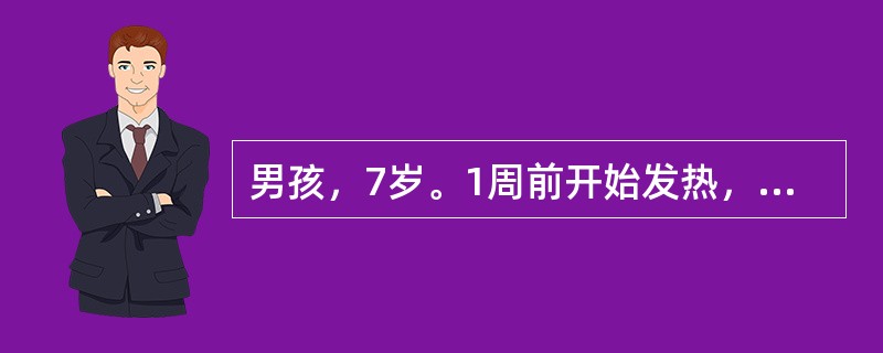 男孩，7岁。1周前开始发热，全身不适，食欲下降，大便干结，轻度腹胀，近2d轻咳，