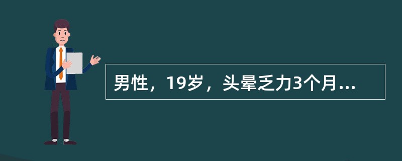 男性，19岁，头晕乏力3个月，Hb58g／L，WBC3.8×109／L，PLT5