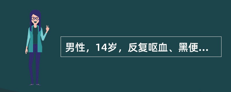 男性，14岁，反复呕血、黑便，皮肤瘀斑1周，肝、脾不大，血红蛋白56g／L，白细