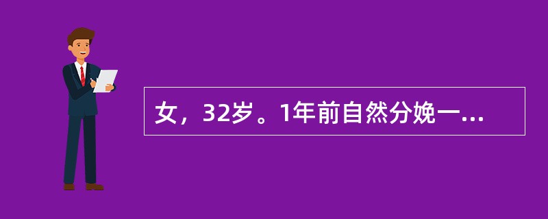 女，32岁。1年前自然分娩一男婴，体重4500g，产后2小时内出血2500ml。