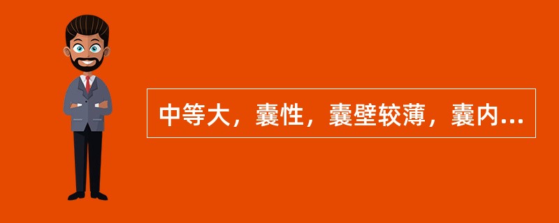 中等大，囊性，囊壁较薄，囊内液透声良好中等大，实性，回声较均质囊实性，囊性区域呈