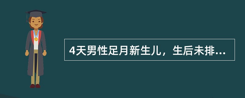 4天男性足月新生儿，生后未排大便，伴腹胀，呕吐带胆汁液来院就诊。查体：轻度脱水貌