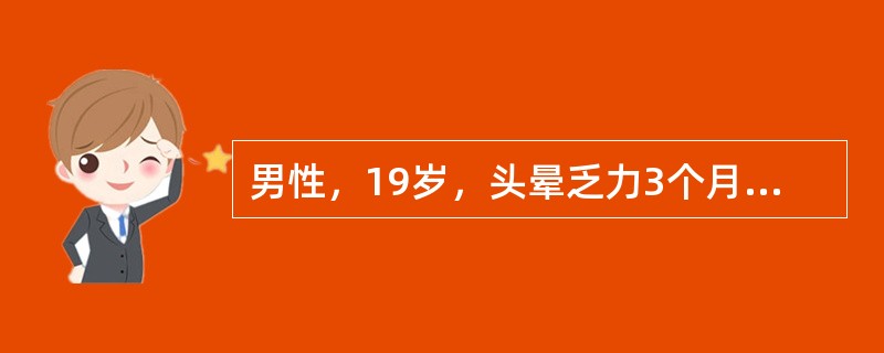 男性，19岁，头晕乏力3个月，Hb58g／L，WBC3.8×109/L，PLT5