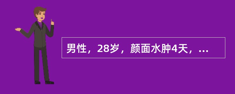 男性，28岁，颜面水肿4天，无力，尿400ml／24h，血压130/80mmHg