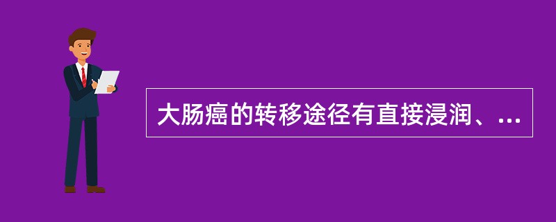 大肠癌的转移途径有直接浸润、淋巴转移、血行转移、种植播散；其中最常见的播散方式是