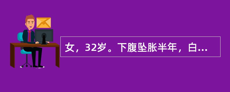 女，32岁。下腹坠胀半年，白带多，呈脓性7天。查体发现阴道、宫颈明显充血，分泌物