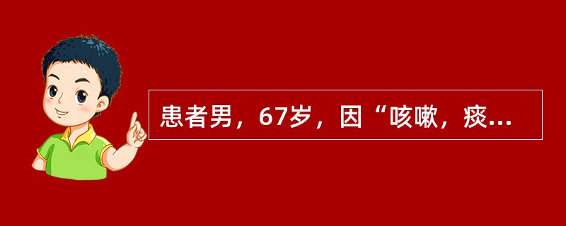 患者男，67岁，因“咳嗽，痰中带血丝2个月，发热10d”来诊。胸部X线片：右肺上