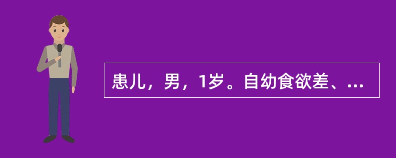 患儿，男，1岁。自幼食欲差、少哭少动、便秘、声音低哑，体重8kg，身高68cm，