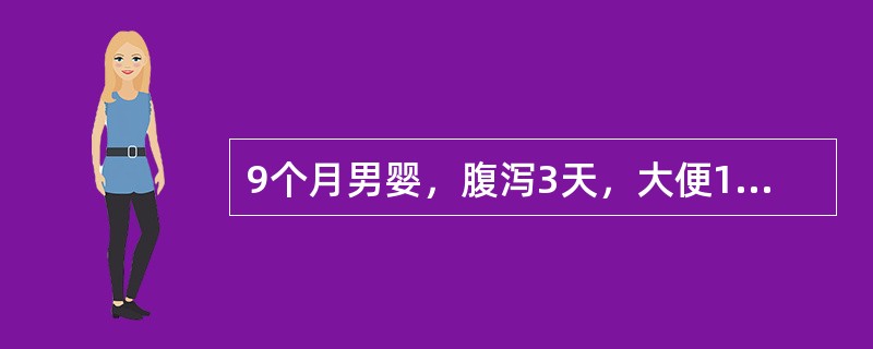 9个月男婴，腹泻3天，大便10次／日，量多，呈蛋花汤样，精神萎靡，眼泪少、尿少，