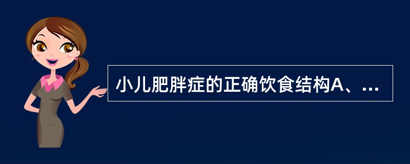 小儿肥胖症的正确饮食结构A、低脂肪、低糖、低蛋白B、低脂肪、低糖、高蛋白C、高脂