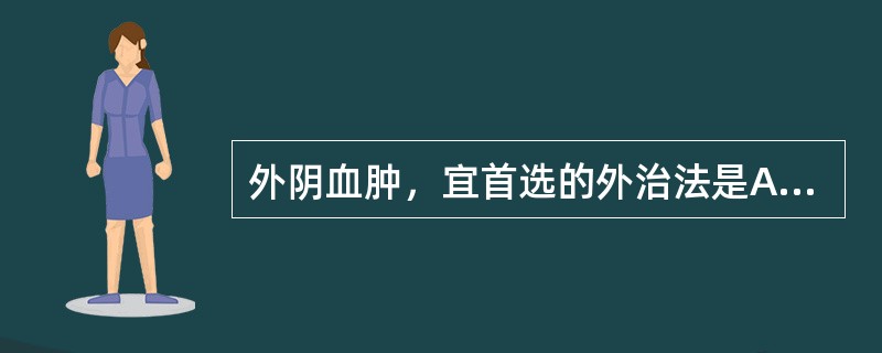 外阴血肿，宜首选的外治法是A、坐浴B、外阴冲洗C、阴道纳药D、贴敷E、介入治疗