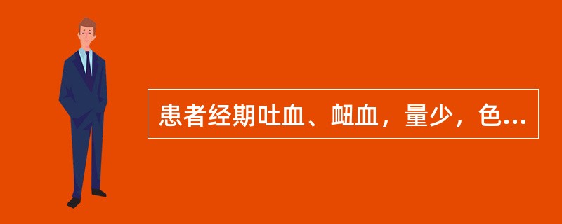 患者经期吐血、衄血，量少，色暗红，月经先期、量少；平素头晕耳鸣，手足心热，两颧潮