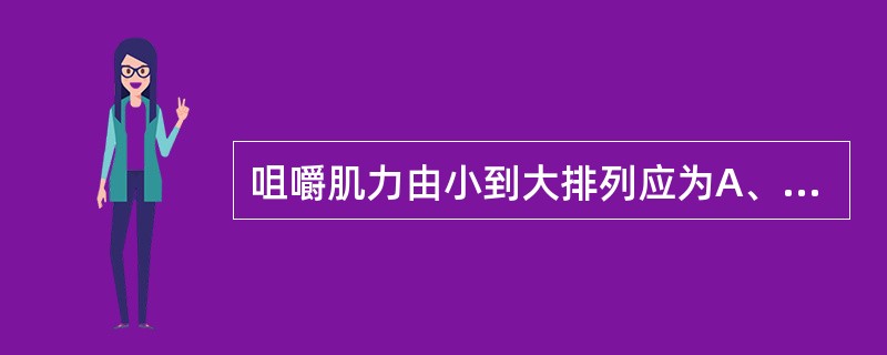 咀嚼肌力由小到大排列应为A、翼内肌、咬肌、颞肌B、咬肌、翼内肌、颞肌C、咬肌、颞