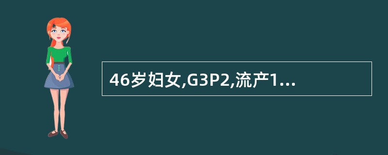 46岁妇女,G3P2,流产1次,既往月经规律,近2年来月经不规则,周期2~3个月
