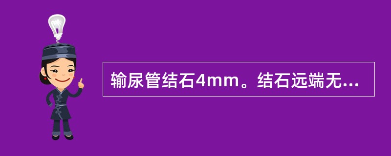 输尿管结石4mm。结石远端无梗阻，首选治疗方案是