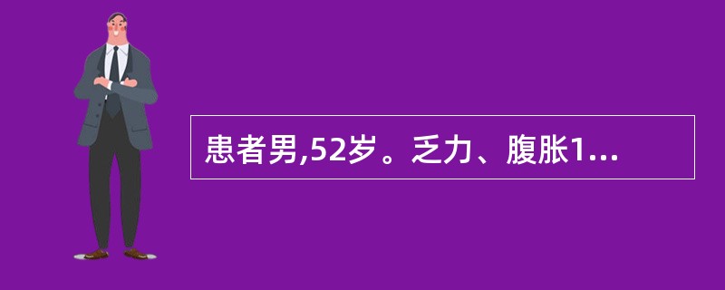 患者男,52岁。乏力、腹胀1年，加重伴腹痛2天。慢性乙型肝炎病史12年。查体：T