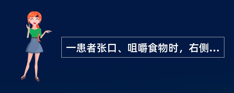 一患者张口、咀嚼食物时，右侧关节区深部疼痛，口内上颌结节后上方有压痛；张口中度受