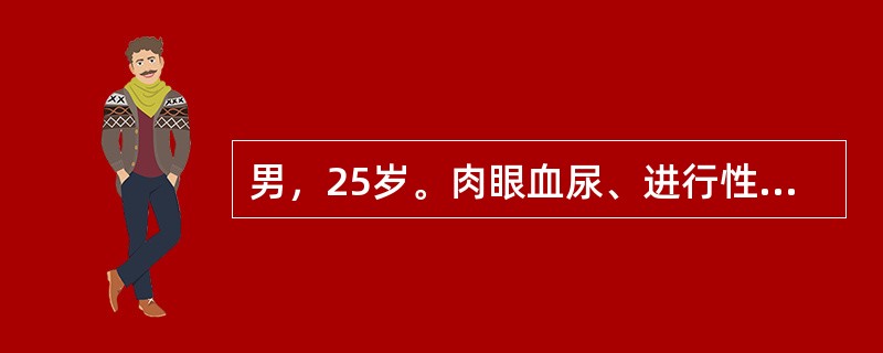 男，25岁。肉眼血尿、进行性尿量减少伴恶心、呕吐1周。查体：BP160£¯90m