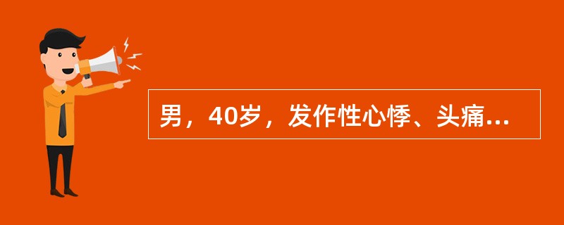 男，40岁，发作性心悸、头痛、大汗，发作时血压230£¯130mmHg。平素血压