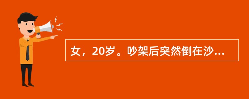 女，20岁。吵架后突然倒在沙发上，全身抽搐。查体：面色苍白，呼吸急促，眼睑紧闭，