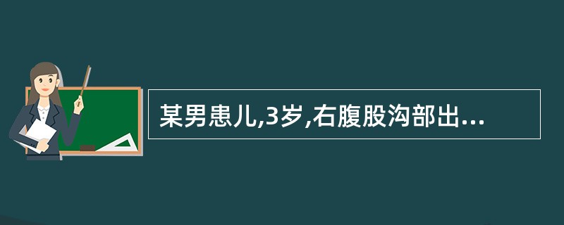 某男患儿,3岁,右腹股沟部出现可复性包块1年余。此次因哭闹伴呕吐6小时就诊:查体