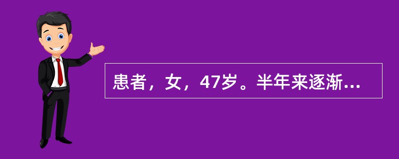 患者，女，47岁。半年来逐渐出现坐立不安，搓手顿足，惶惶不可终日，心情忧郁，悲观