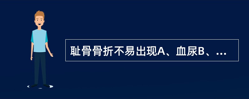 耻骨骨折不易出现A、血尿B、会阴部瘀斑C、坐骨神经损伤D、骨盆挤压试验阳性E、骨