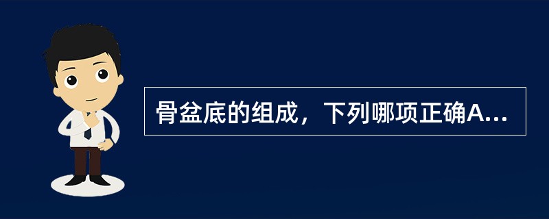 骨盆底的组成，下列哪项正确A、骨盆底外层包括肛门内括约肌B、尿生殖膈由两层筋膜及