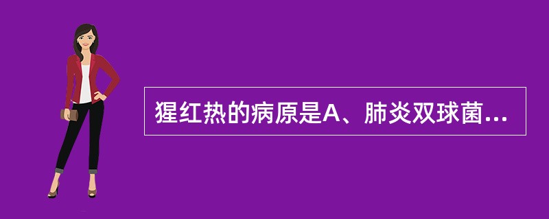 猩红热的病原是A、肺炎双球菌B、A组甲型溶血性链球菌C、A组乙型溶血性链球菌D、