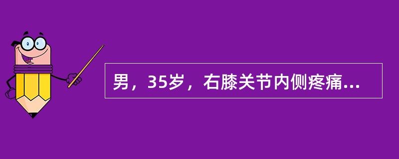 男，35岁，右膝关节内侧疼痛，肿胀半年，曾在外院摄X线片，见右胫骨上端内侧有一5