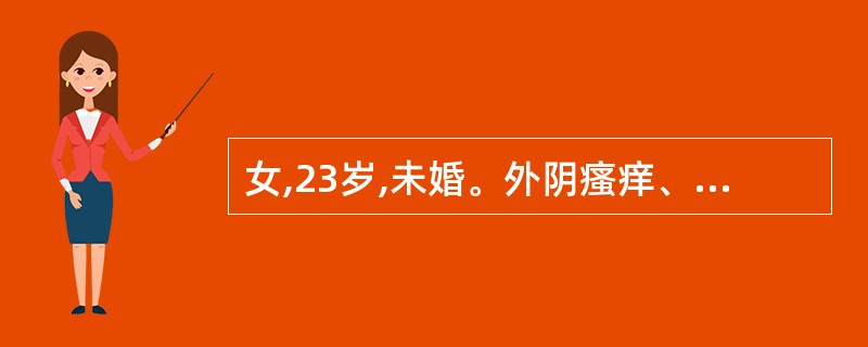 女,23岁,未婚。外阴瘙痒、白带增多2 天。追问病史有不洁性生活史。妇科检查:外