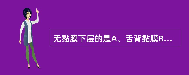 无黏膜下层的是A、舌背黏膜B、软腭黏膜C、唇黏膜D、颊黏膜E、舌腹黏膜