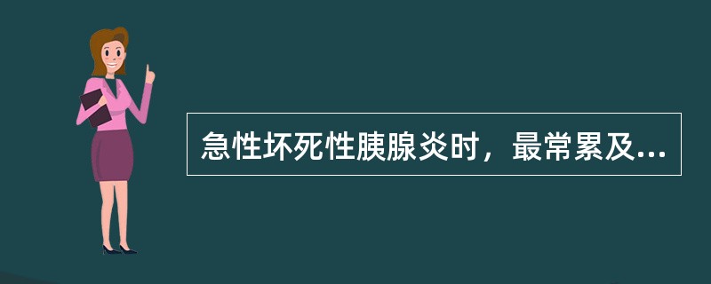 急性坏死性胰腺炎时，最常累及的器官是A、心脏B、肾C、肝D、肺E、胃